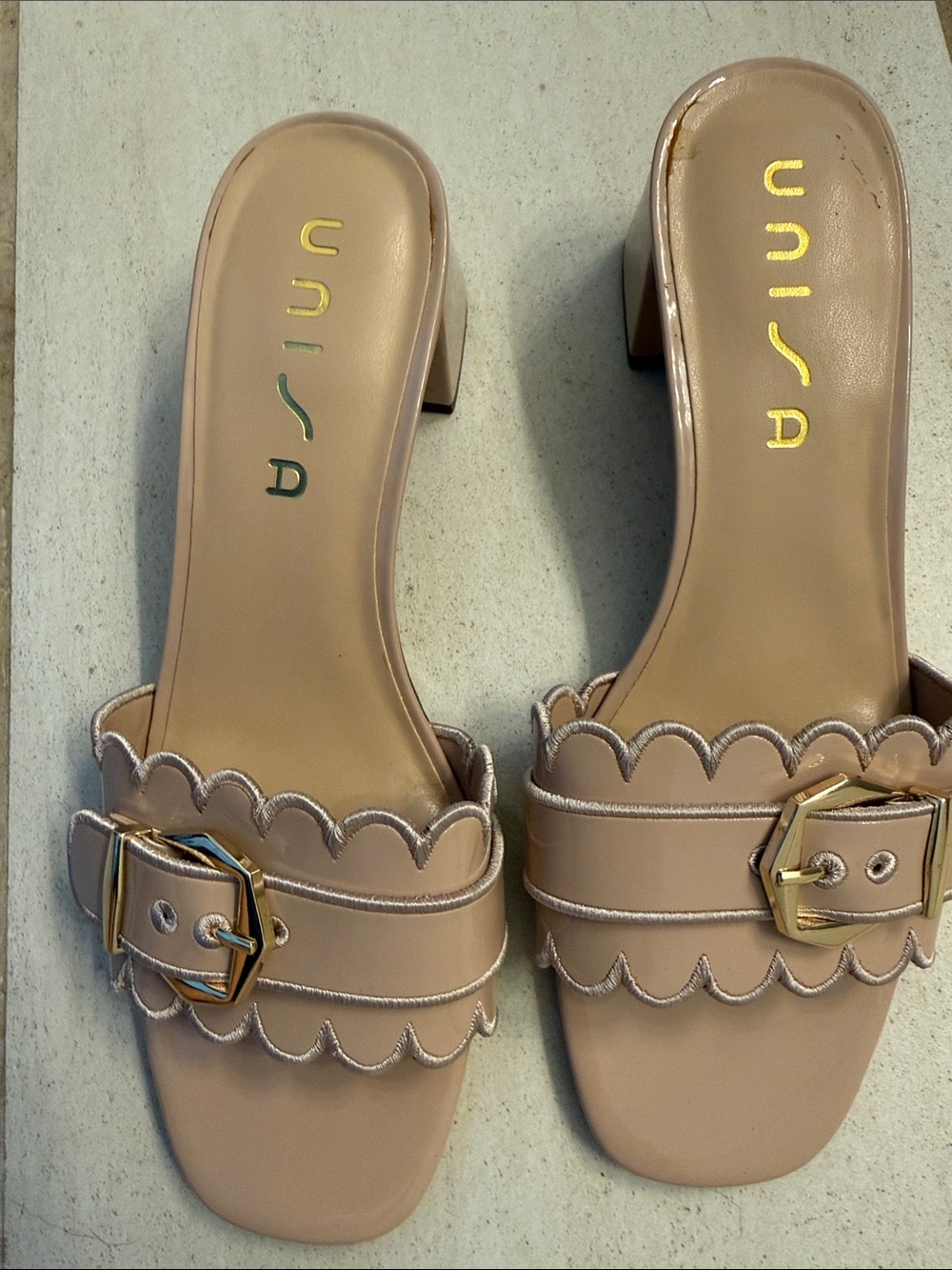 Unisa Nude Scalloped Leather Slide Sandals with Gold Buckle Accent